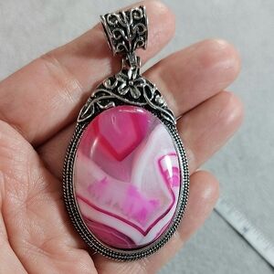 Pink Agate Necklace Pendant in Ornate Silver Setting